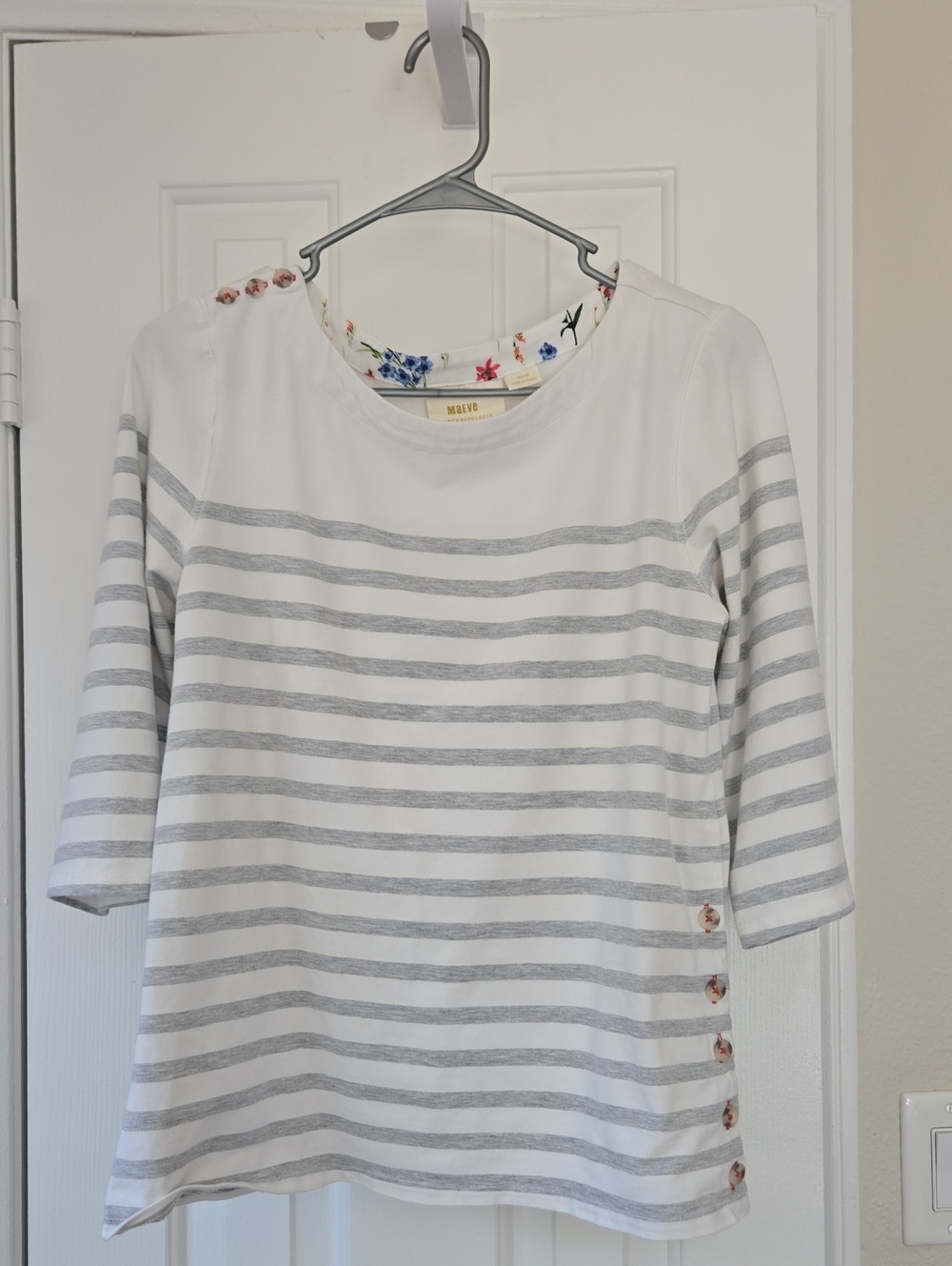 Maeve For Anthropologie Striped 3/4 Sleeve Top with Button And Floral Accents- M